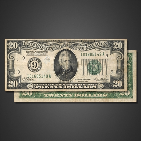 1928 $20 Federal Reserve Note — Minneapolis, Gold Clause, Jackson