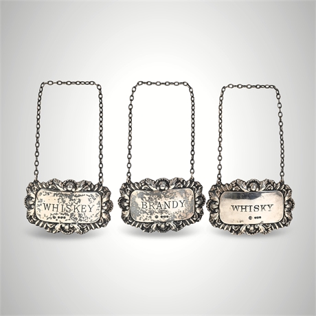 Sterling Silver Decanter Labels, Set of Three — Whiskey, Whisky & Brandy