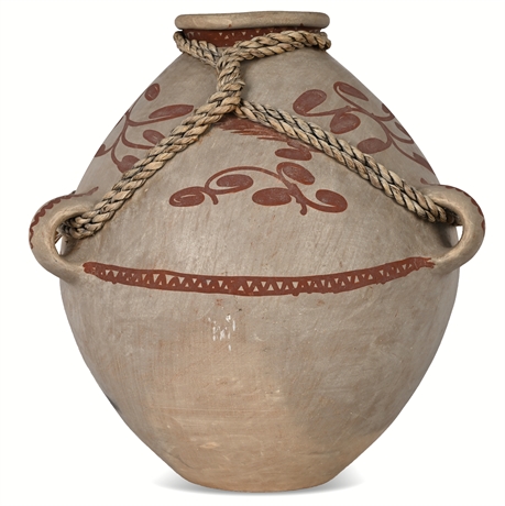 12" Mexican Folk Art Terracotta Jar – Hand Painted, Twine Handles
