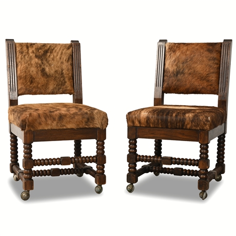 Louis XIII-Style Bobbin-Turned Oak Side Chairs with Cowhide Upholstery