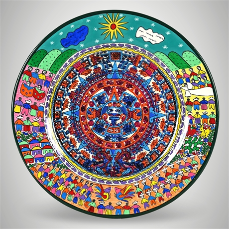 Vibrant Mexican Wall Charger – Aztec Calendar Folk Art 16.5"