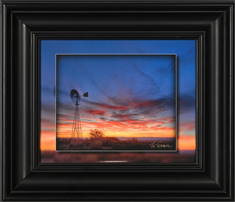 T. Green Signed Sunset Windmill Print — Framed 12.5" x 14.25"