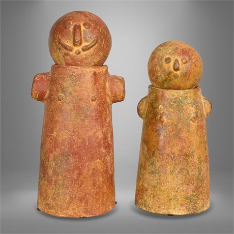 Mid-Century Painted Terracotta Pottery Male and Female Sculptures