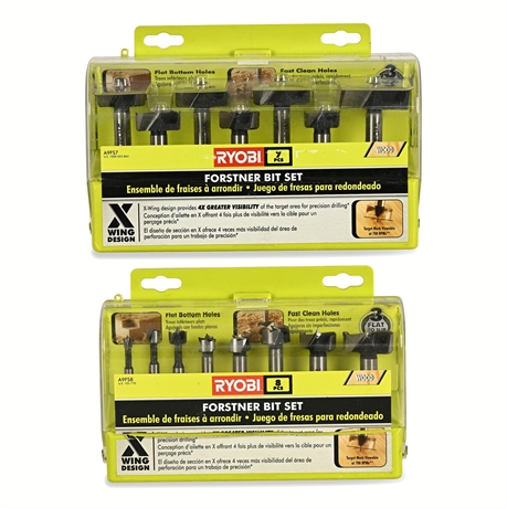 Ryobi Forstner Bit Sets, 7-Piece & 8-Piece — X-Wing Design, Two Boxed Sets