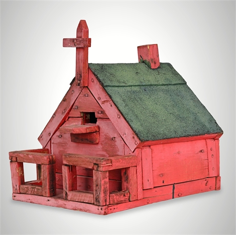 Folk Art Hand-Built Wooden Chapel with Latin Cross Steeple, Red-Painted