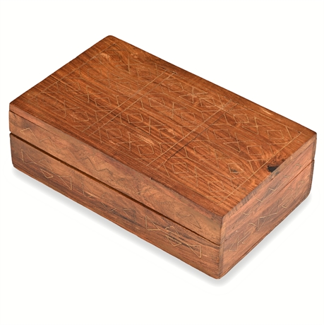 Solid Wood Trinket Box w/ Brass Inlay, 7 3/4"