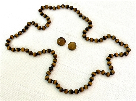 Vintage 30" Tiger Eye Necklace (8mm Beads) and Earrings (15mm Curved Disks) Set