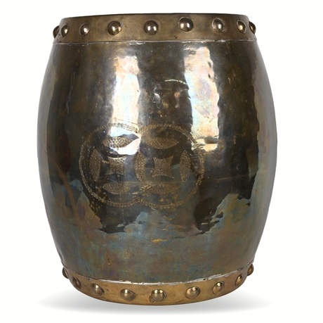 Chinese Brass Drum-Shaped Garden Stool with Etched Double Coin & Studs