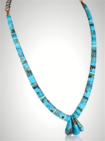 Vintage Navajo Rolled Turquoise & Coral Necklace – Sterling Silver Bench Beads
