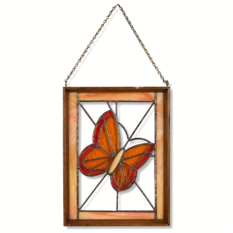 Leaded Stained Glass Butterfly Panel — Amber & Red, Wood Frame