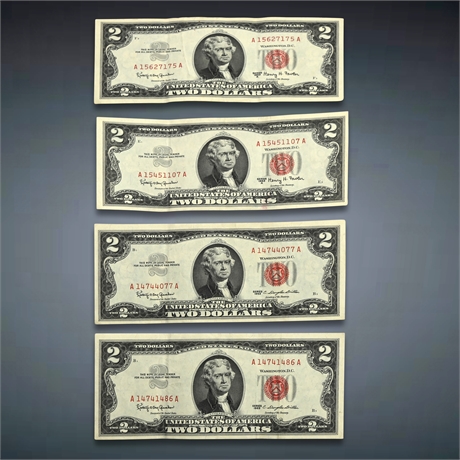 (4) 1963 $2 Two Dollar US Red Seal Jefferson Note Bills