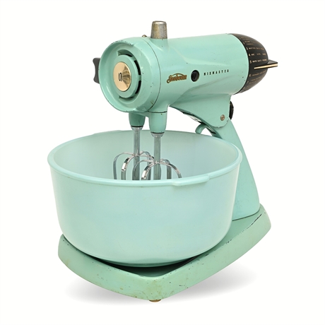 Sunbeam Mixmaster Model 12 Stand Mixer, Turquoise, 1950s — Glasbake Bowl