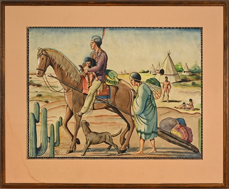Maurice Zusman 1936 Watercolor — Horse, Travois & Plains Encampment