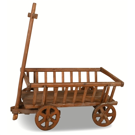 Primitive Solid Pine Pull Cart — Pivoting Front Axle, Rustic Farmhouse Decor