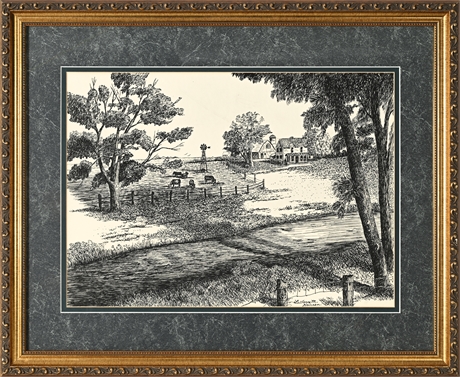 LaVonne M. Hansen Pen & Ink Farm Scene – Framed Rural Drawing Behind Glass