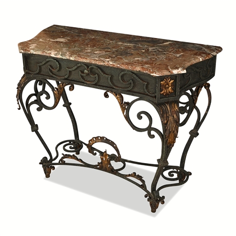 1920s French Forged Iron & Parcel-Gilt Console Table with Rouge Marble Top