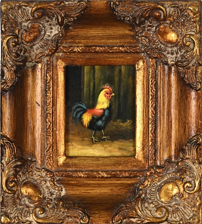 Miniature Rooster Oil Painting on Masonite — Ornate Gilt Wood & Plaster Frame
