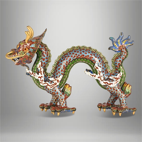 Chinese Cloisonné Enamel Striding Dragon Figure with Gilt Antlers & Ring