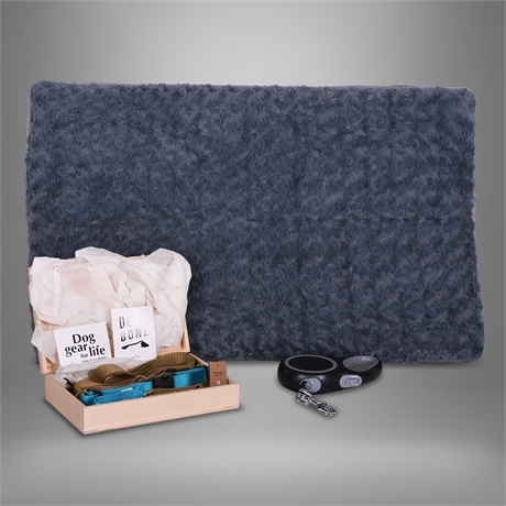 Dog Comfort & Walk Kit: Bed, Two Collars, Nylon & Retractable Leashes
