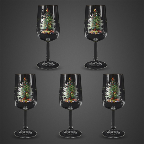 Set of 5 Spode Christmas Tree Wine Glasses – 8″ Stems, Gold Rim