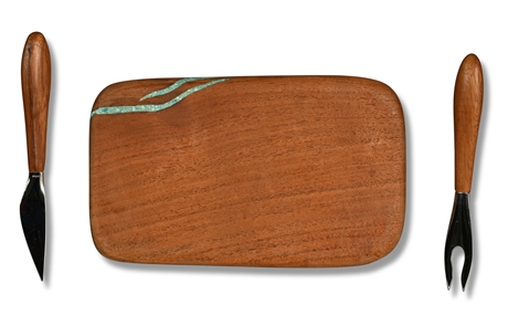 Turquoise Inlay Cheese Board with Nambe' Serving Knife & Fork