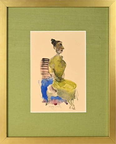 Signed Modernist Watercolor Portrait of Seated Woman — Framed