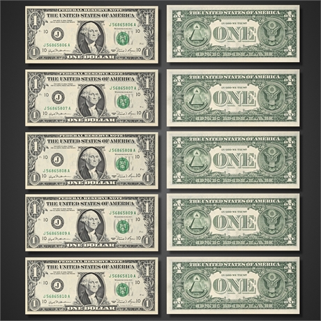 1981 $1 Federal Reserve Notes – Sequential Run of 5, Never Folded CU
