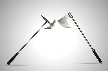 Pair of Steel Polearms — Double-Headed & Crescent Axe, Leather-Wrapped Handles