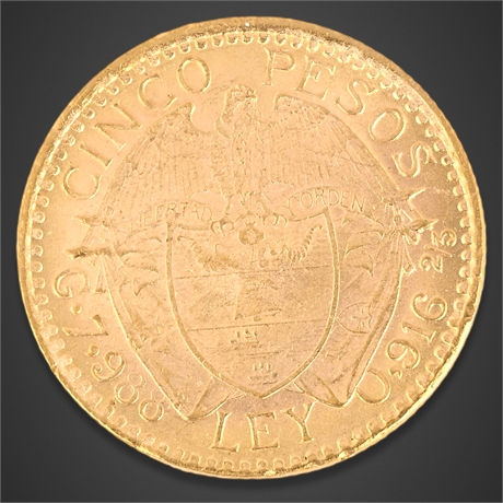 1919 Colombia 5 Pesos Gold – REPÚBLICA DE COLOMBIA – .9167 Gold