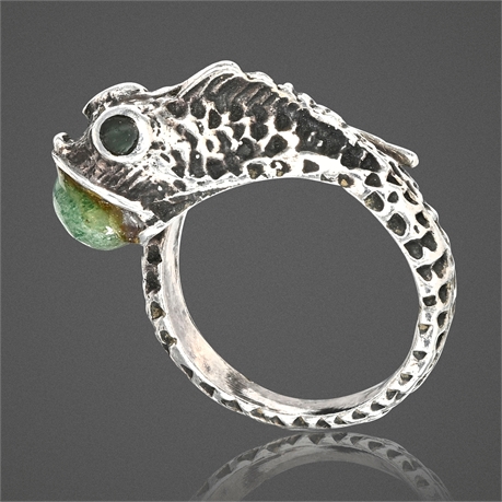 Serafin Moctezuma Taxco Fish Ring – Sterling Silver & Aventurine, c.1940s