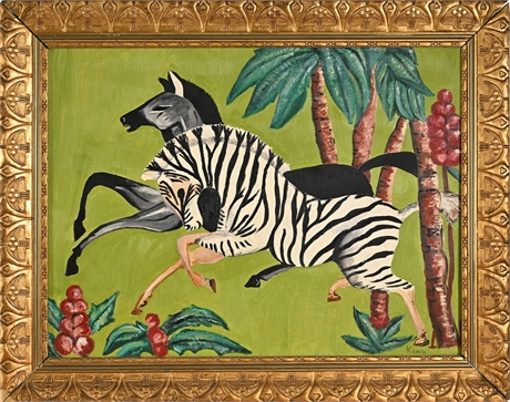 King, Leaping Zebra Among Palms — Naïve Oil on Canvas, Gilt Frame