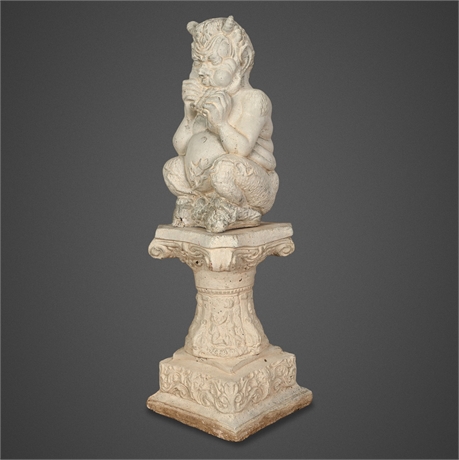 Cast Stone Pan Satyr Playing Pipes on Pedestal, Two-Piece Garden Ornament