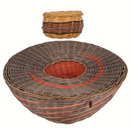 Woven Wicker Basket Set, Signed “Sumao” – Natural & Dyed Fibers