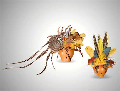 Pair Hand-Carved Feathered Gourd Masks – Signed, Valerie M. Milner