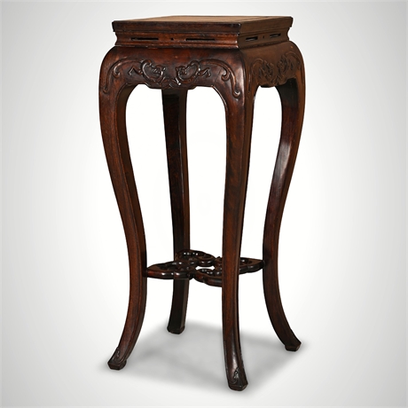 Antique Chinese Carved Hardwood Pedestal Stand with Pierced Stretcher