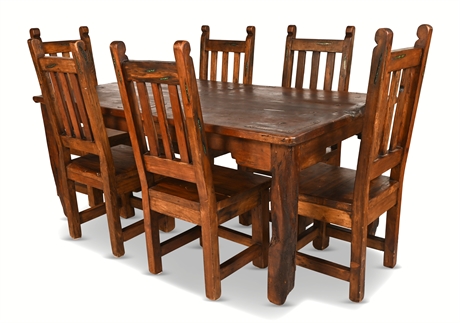 Rustic Mesquite Dining Set with Turquoise Inlay