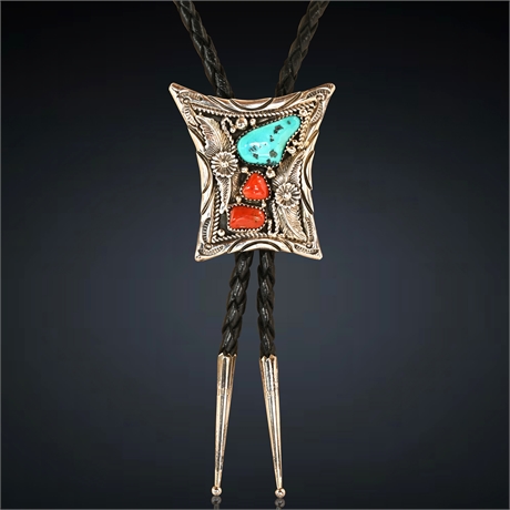 Turquoise, Coral & Sterling Bolo by Lutricia Yellowhair