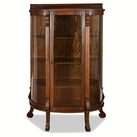 Early 20th C. Solid Oak Curved-Glass China Cabinet, Golden Oak Style, 60"