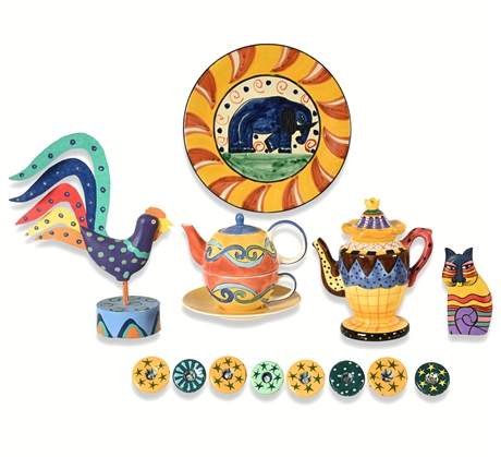 Vibrant Hand-Painted Folk Art Set: Teapots, Rooster, Plate & Knobs