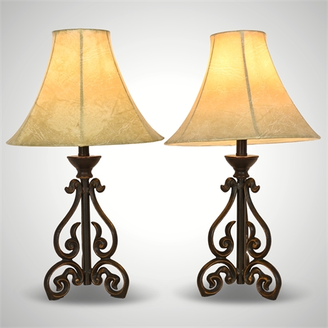 Pair of Traditional Iron Scroll Table Lamps with Faux Leather Shades