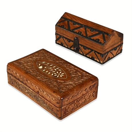 Two Hand-Carved Wood Boxes — Floral Inlay & Iron-Strapped Chest Form