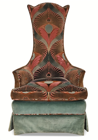 High-Back Lounge Chair, Art Deco Revival Velvet, Maker Marked