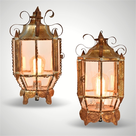 Vintage Mexican Tin & Glass Lantern Sconces – Spanish Colonial Rustic Lighting