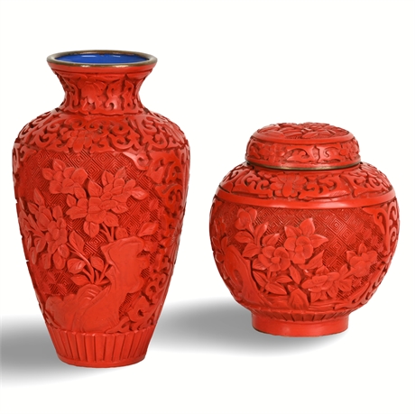 Chinese Cinnabar Lidded Jar and Vase
