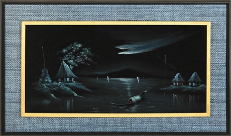 Mid-Century Velvet Fishing Scene Painting