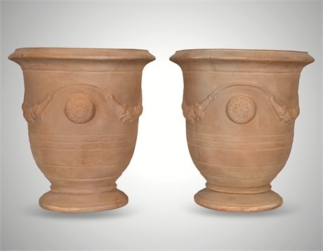 Pair of Large Terracotta Anduze-Style Urns with Swag & Medallion Design