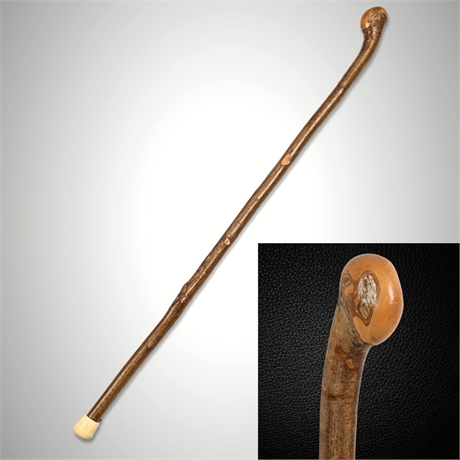 Hand-Carved Hardwood Walking Stick Burl Handle Rustic Cane 34”