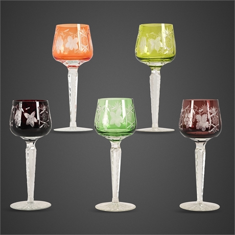 Bohemian Cut-to-Clear Crystal Wine Glasses 5pc Multi-Color Czech