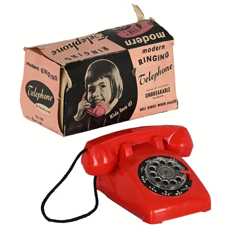 Handi-Craft “Modern Ringing” Toy Rotary Telephone No. 159 — 1950s Red, Boxed