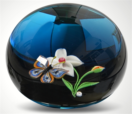 Baccarat Art Glass Paperweight, 1977, Flower & Butterfly